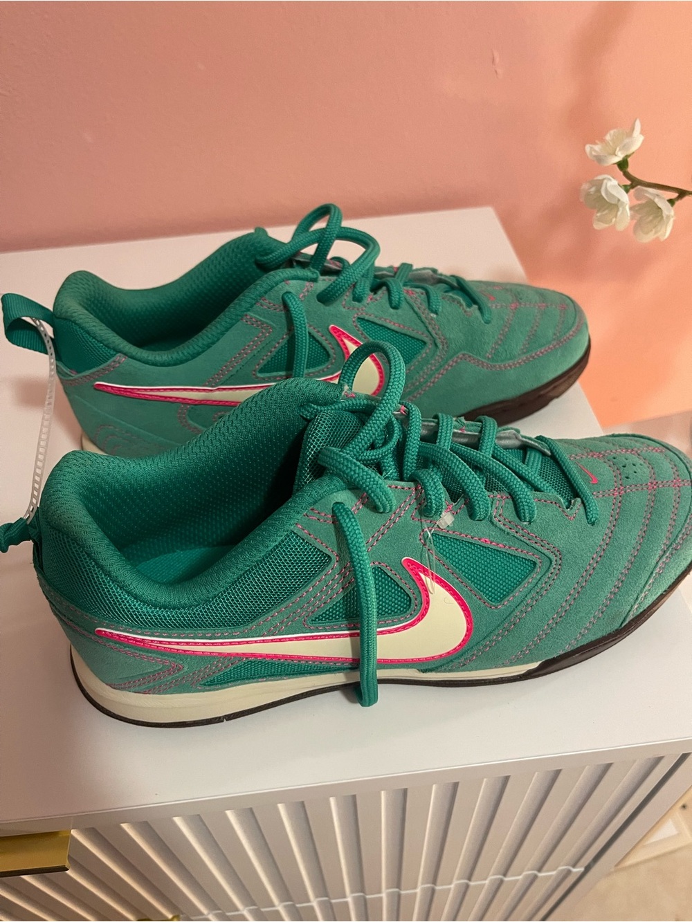 Nike Teal Sneakers with Pink and White Swoosh